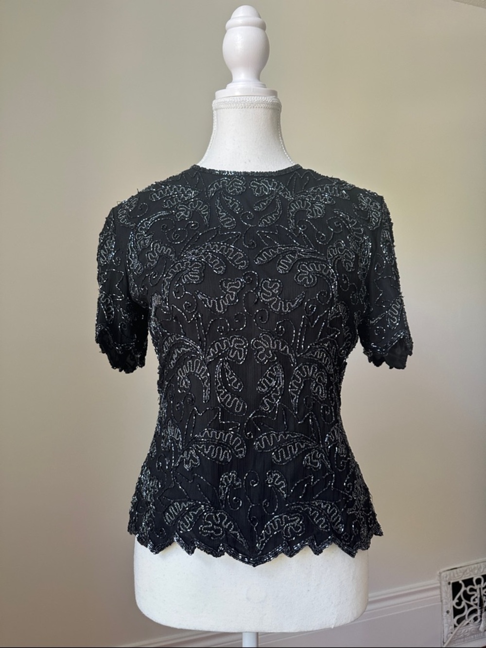 PAPELL BOUTIQUE Vintage 100% Silk Beaded Evening Old Money Formal‎ Top Small